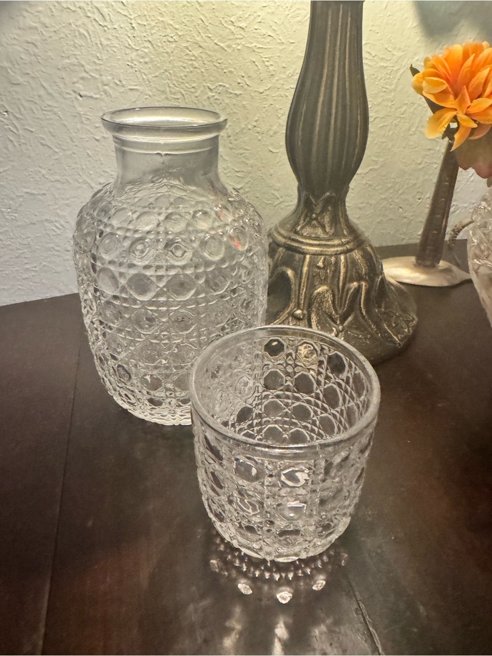 Clear Glass Carafe & Glass Cup with Geometric Diamond Motif 2 pieces